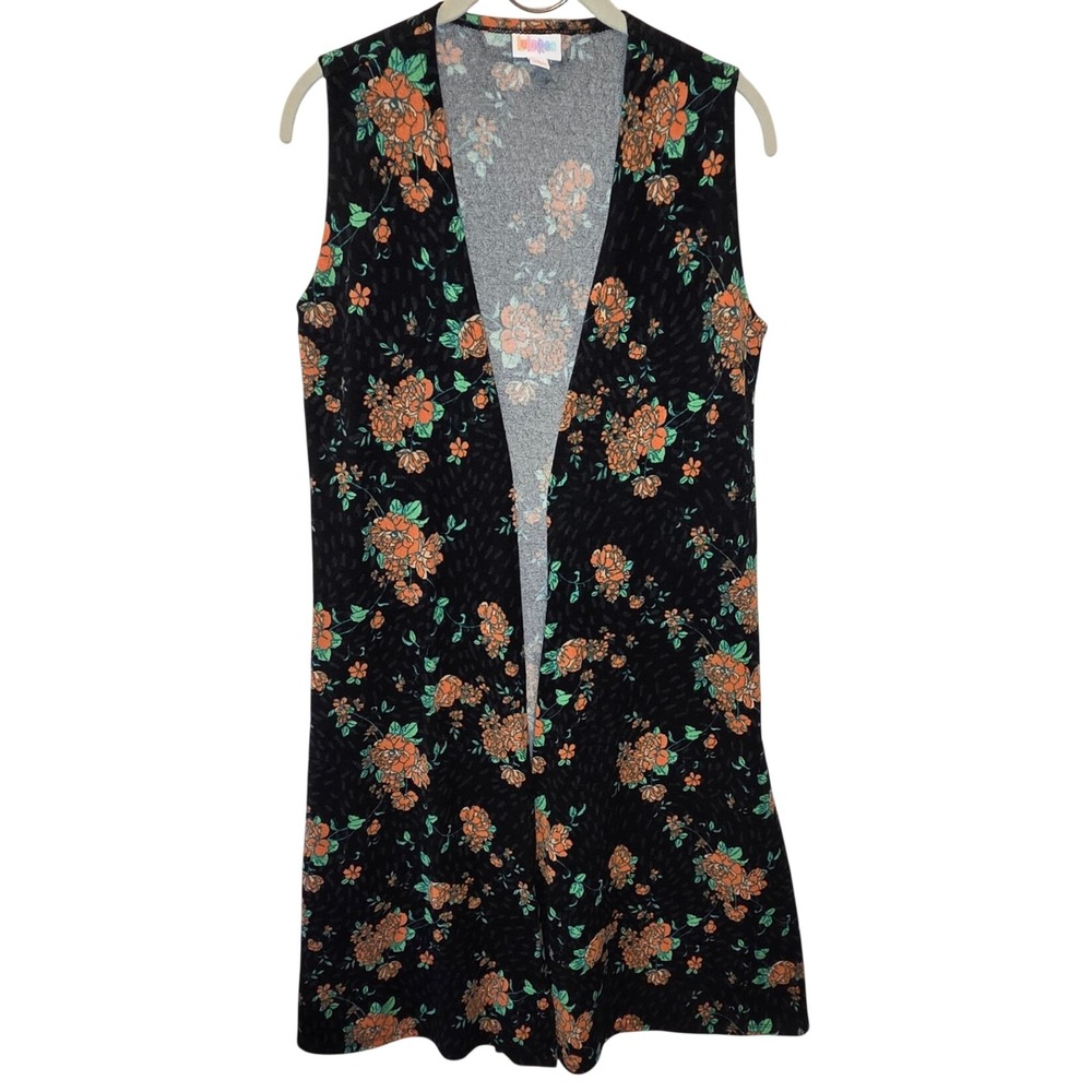 LuLaRoe Joy Duster Vest Womens Small Black Orange Floral Open Front JC005-01